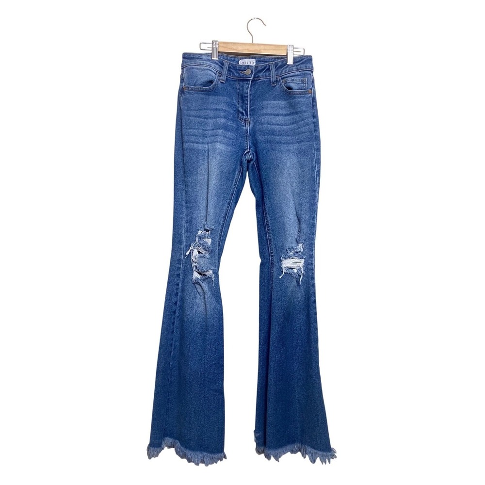Cello Blue Distressed Flare Jeans Frayed Hem Womens Size 3‎